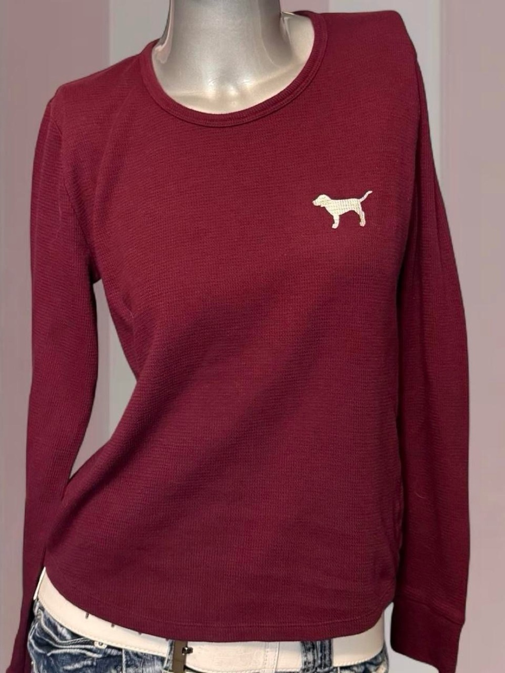 PINK Victorias Secret Y2K Burgundy Thermal Long Sleeve Tee